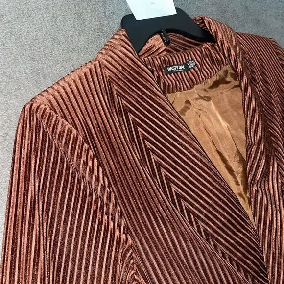 Nasty Gal Women US 8 Blazer Rust Plissé Ribbed Velvet Shawl Lapel Party Funky - Picture 7 of 14